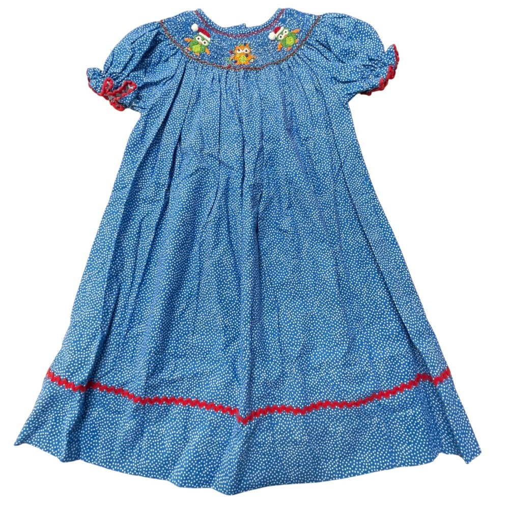 This &‎ That Kids Smocked Owl Christmas Dress Blue White Polka Dot Red Trim 3T